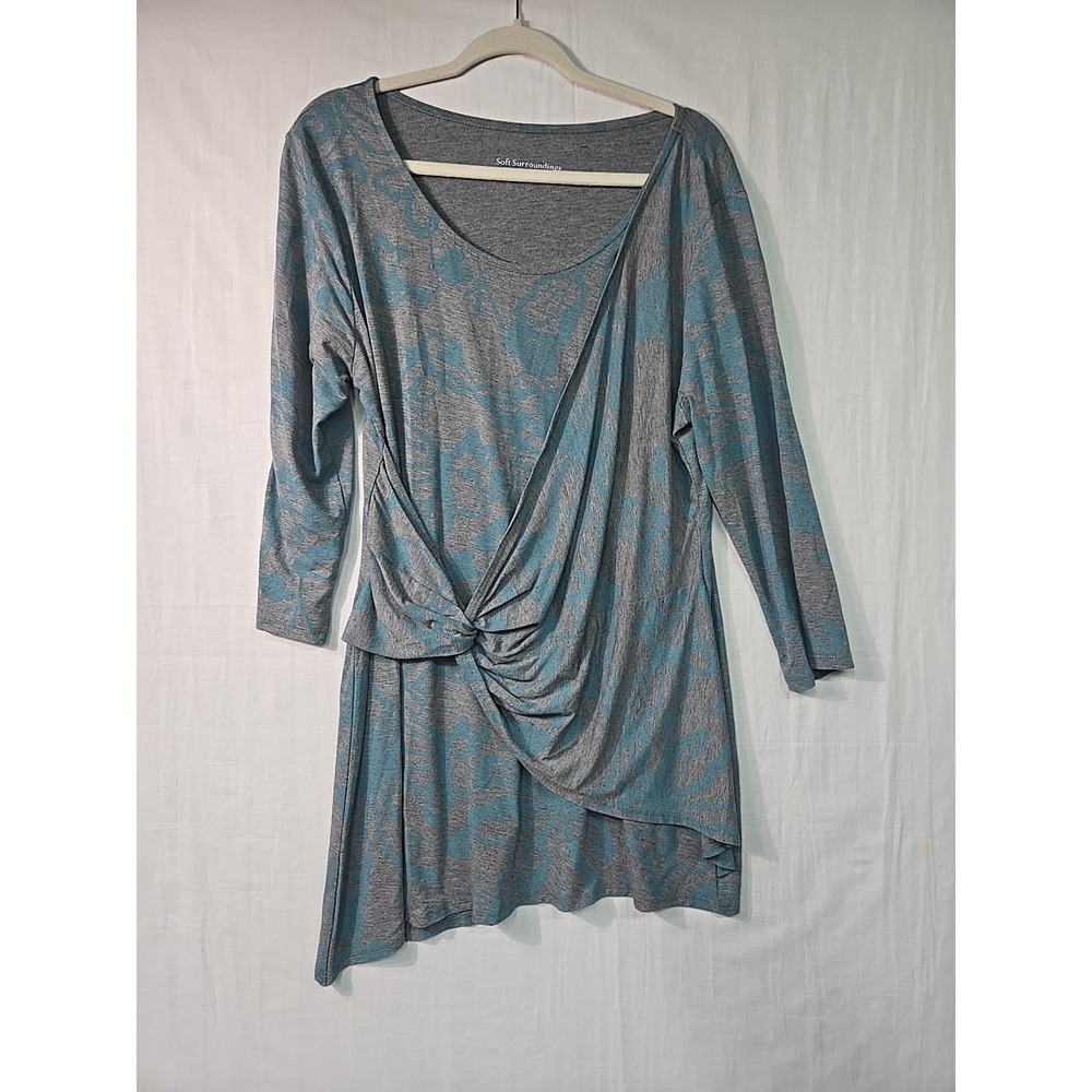 Soft Surroundings Tunic Top Coastal Floral Women's Large Knot Asymmetrical Gray
